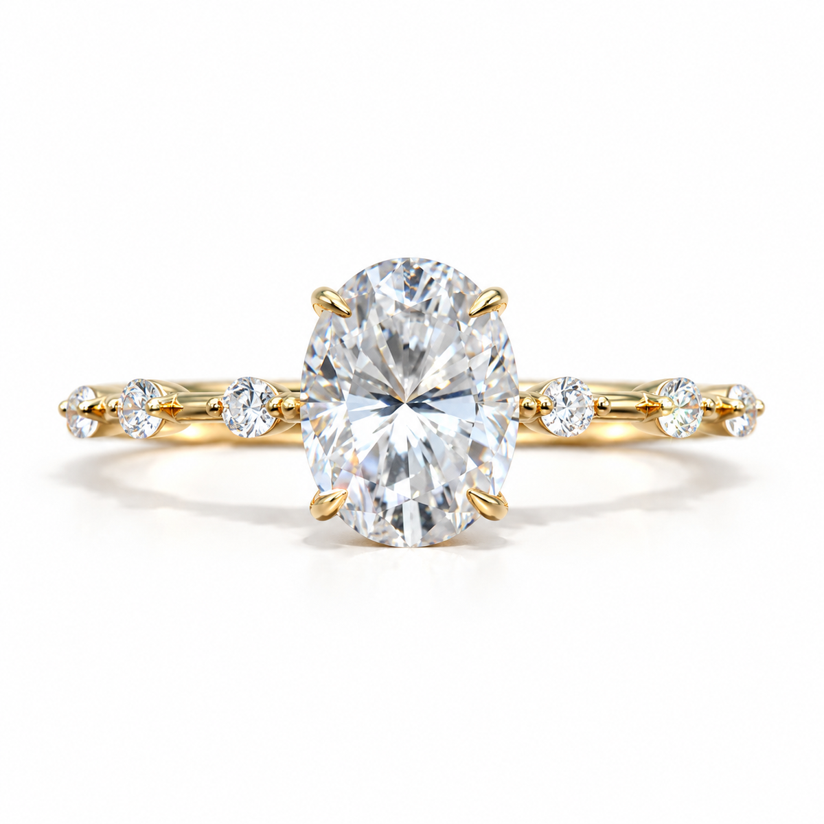 2 CT Oval Cut Colorless Moissanite Engagement Ring - Bezel Station Band - Yellow gold - front view