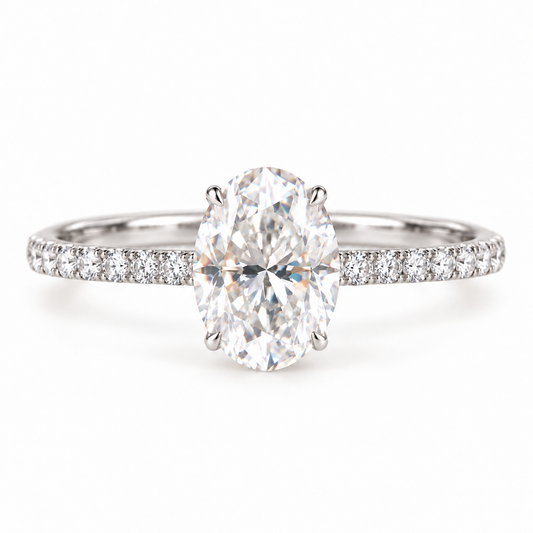 2 CT Oval Moissanite Engagement Ring - Pave Band - White gold - front view