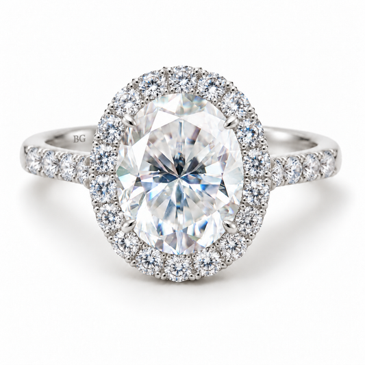 Oval halo moissanite engagement ring with pave band in white gold