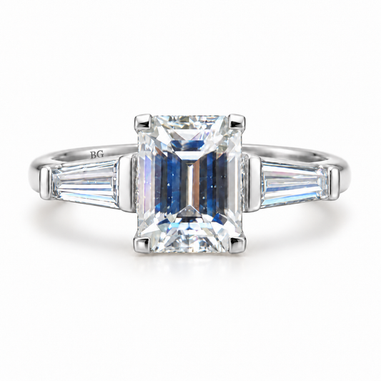 2.52 CT emerald cut moissanite engagement ring with tapered baguette side stones in white gold