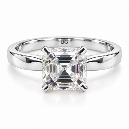 2 CT Asscher cut moissanite solitaire ring with plain band in white gold