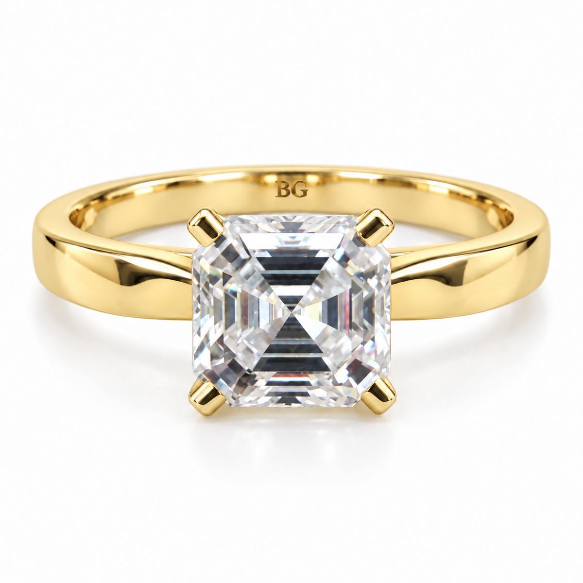 2 CT Asscher cut moissanite solitaire ring with plain band in yellow gold
