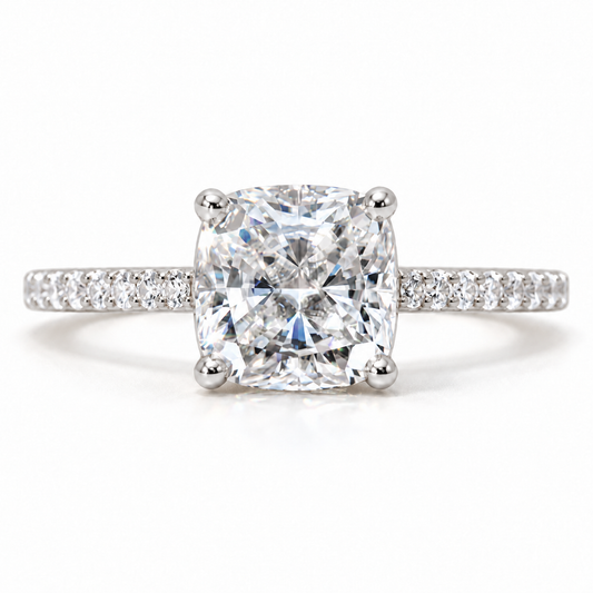 2 CT cushion moissanite solitaire engagement ring with pave band in white gold