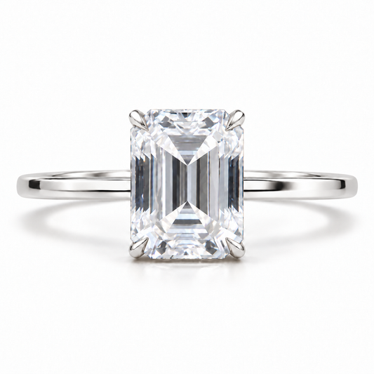2 CT emerald cut moissanite engagement ring with plain band in white gold
