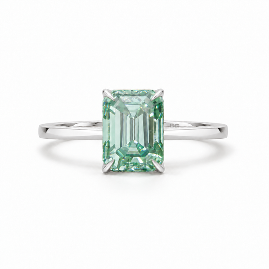 2 CT light green emerald cut moissanite solitaire ring in white gold