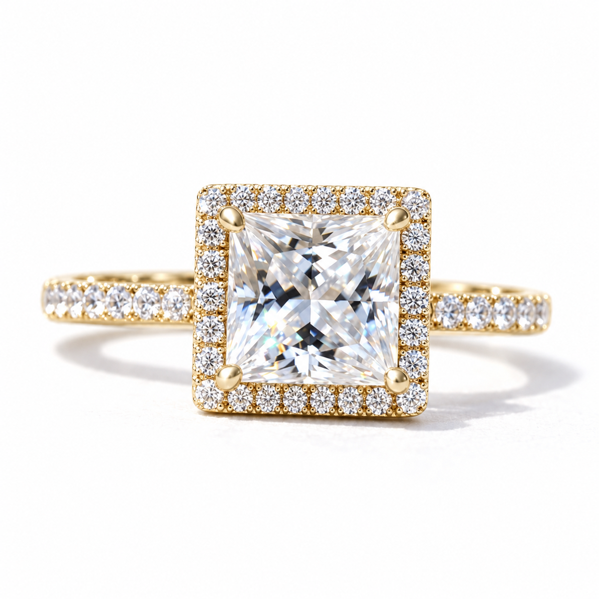 2 carat princess cut moissanite halo engagement ring with pave band in yellow gold