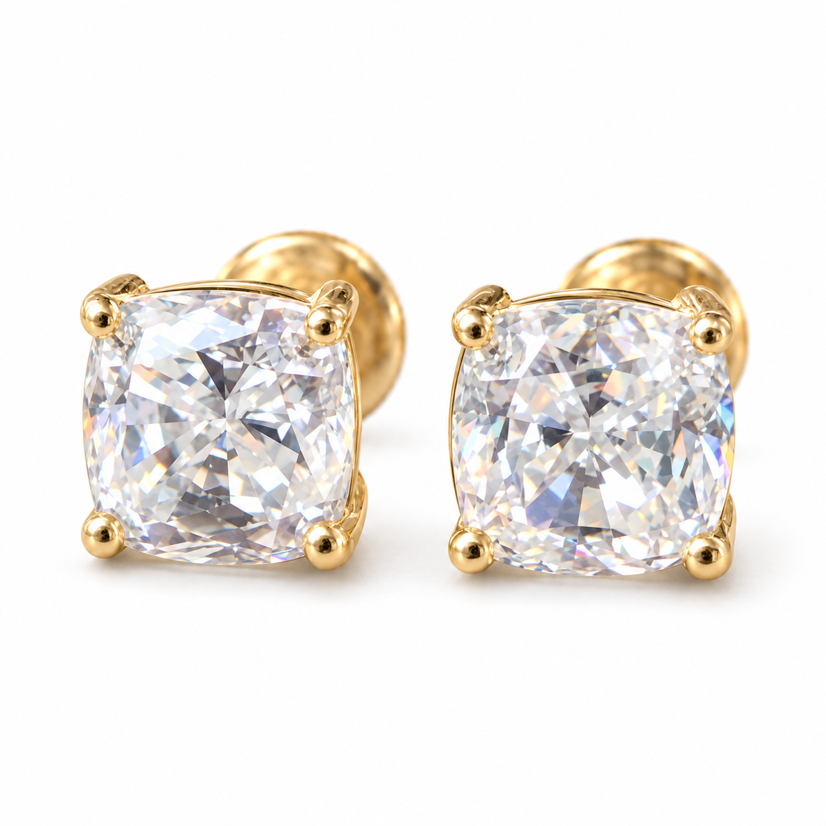 2 TCW cushion cut moissanite stud earrings in yellow gold
