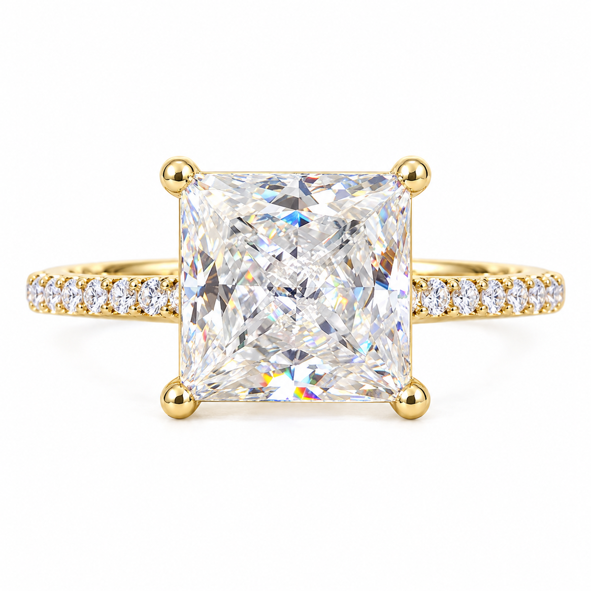 3 CT Princess Moissanite Engagement Ring - Pave Band - Yellow gold - front view
