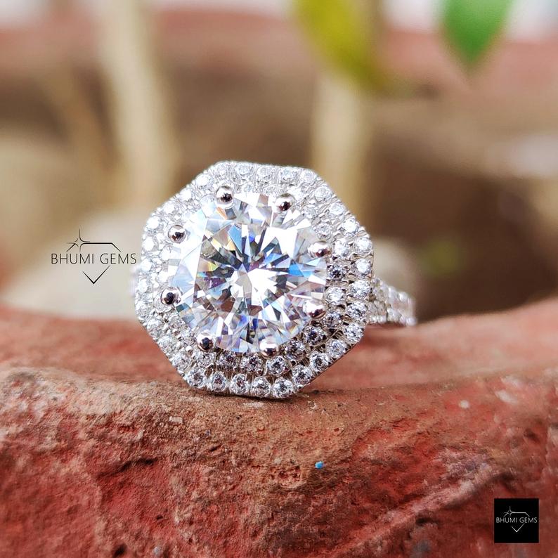 3 CT Round Cut Moissanite Dual Halo Engagement Ring - view 6