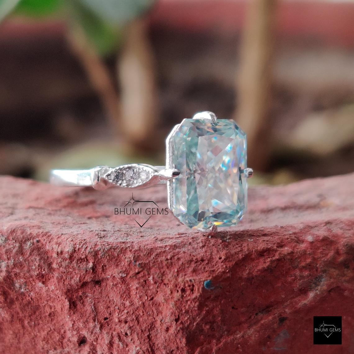 3.65TCW Light Blue Radiant Moissanite Engagement Ring, Vintage Ring, Wedding Bridal Ring, White/Rose/Yellow Gold Solitaire Ring, Anniversary