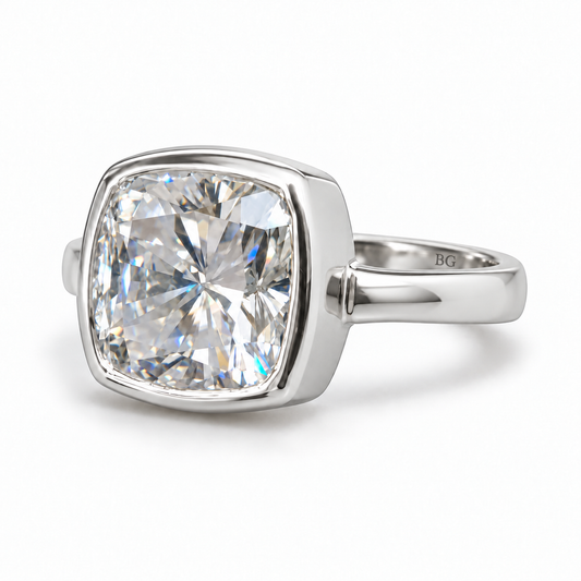3 CT cushion moissanite bezel set engagement ring in white gold