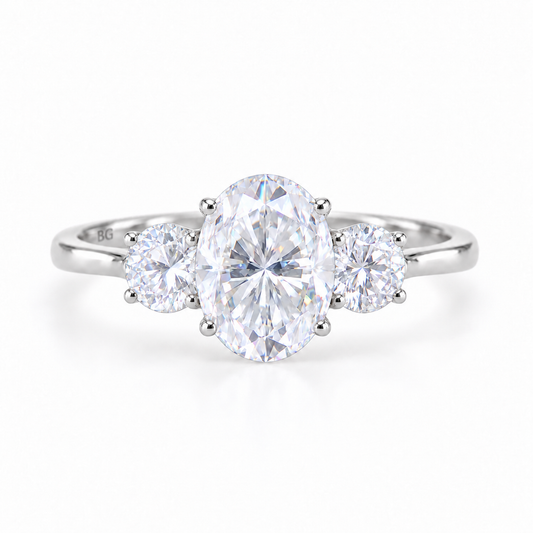 3 CT oval and round moissanite three stone engagement ring in white gold