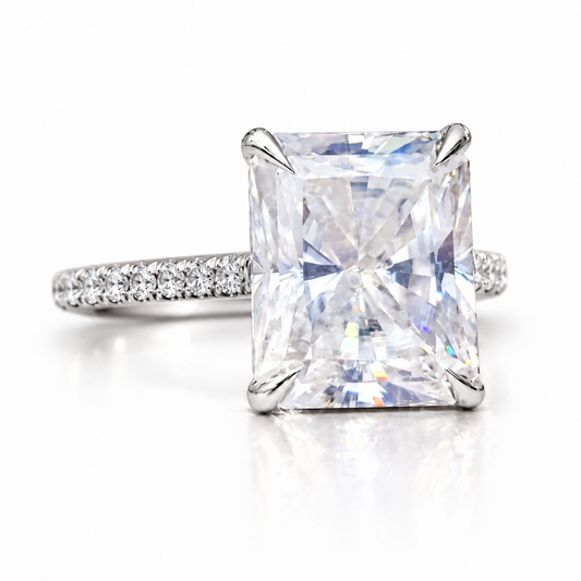 3 CT radiant cut moissanite engagement ring with pave band in white gold