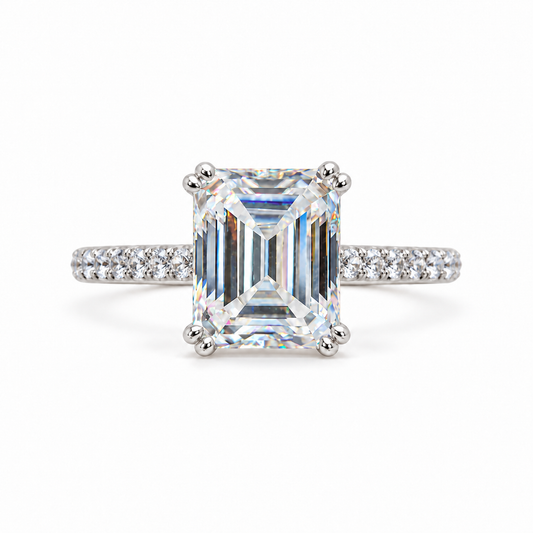 4 CT Colorless Emerald Cut Moissanite Engagement Ring - White gold - front view