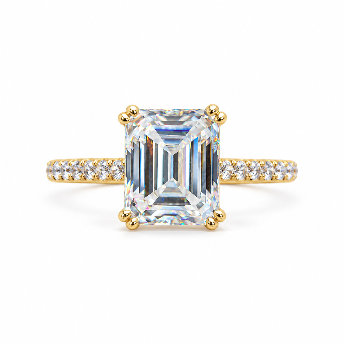 4 CT Colorless Emerald Cut Moissanite Engagement Ring - Yellow gold - front view