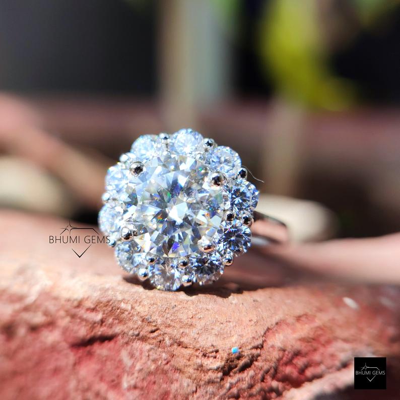 4.46 Carat Round Moissanite Cluster Halo Wedding Ring - view 6