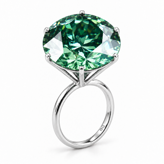 40 carat round green moissanite cocktail solitaire ring with tall six prong setting in white gold
