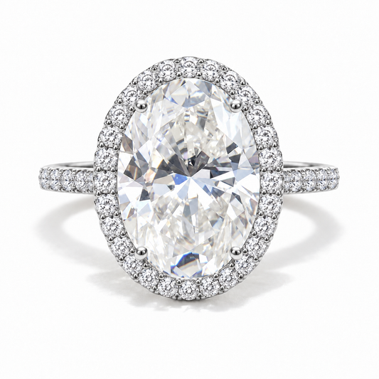 6 CT Oval Cut Colorless Moissanite Engagement Ring - Halo - White gold - front view