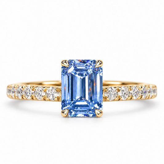 Blue Emerald Cut Lab Grown Diamond Engagement Ring - Pave Band in yellow gold, front view