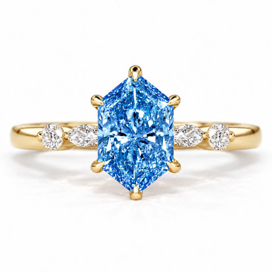 Blue Hexagon Cut Lab Grown Diamond Engagement Ring - Marquise and Round Accents in yellow gold, front view