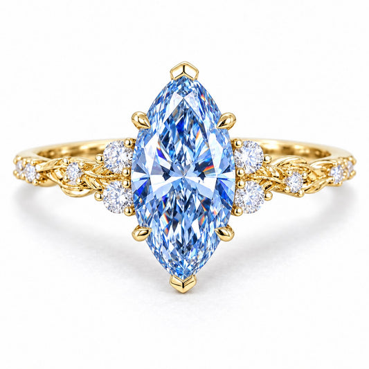Blue Marquise Cut Lab Grown Diamond Engagement Ring - Cluster Vine Band in yellow gold, front view