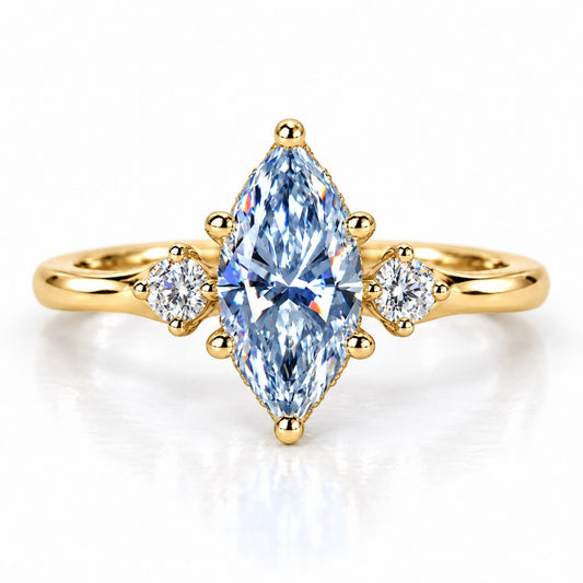 Blue Marquise Cut Lab Grown Diamond Engagement Ring - Three Stone in yellow gold, front view