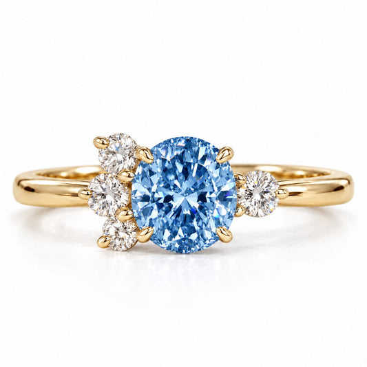 Blue Oval Cut Lab Grown Diamond Engagement Ring - Asymmetric Cluster in yellow gold, front view