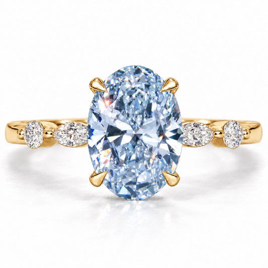 Blue Oval Cut Lab Grown Diamond Engagement Ring - Marquise and Round Accents in yellow gold, front view