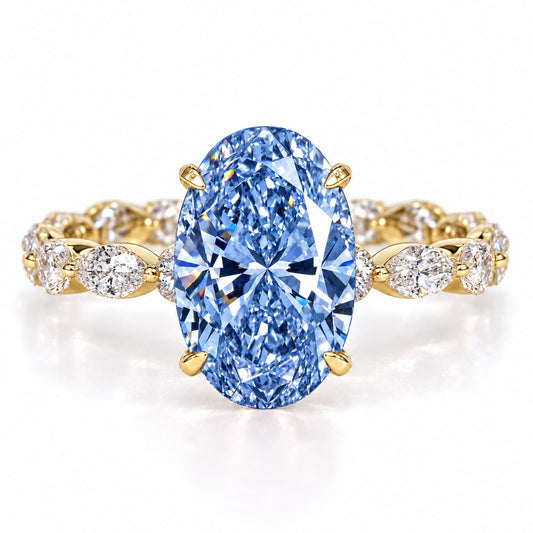 Blue Oval Cut Lab Grown Diamond Engagement Ring - Navette Band in yellow gold, front view