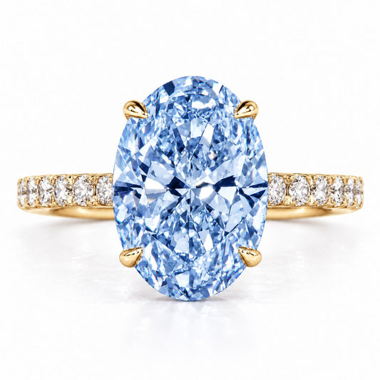 Blue Oval Cut Lab Grown Diamond Engagement Ring - Pave Band in yellow gold, front view