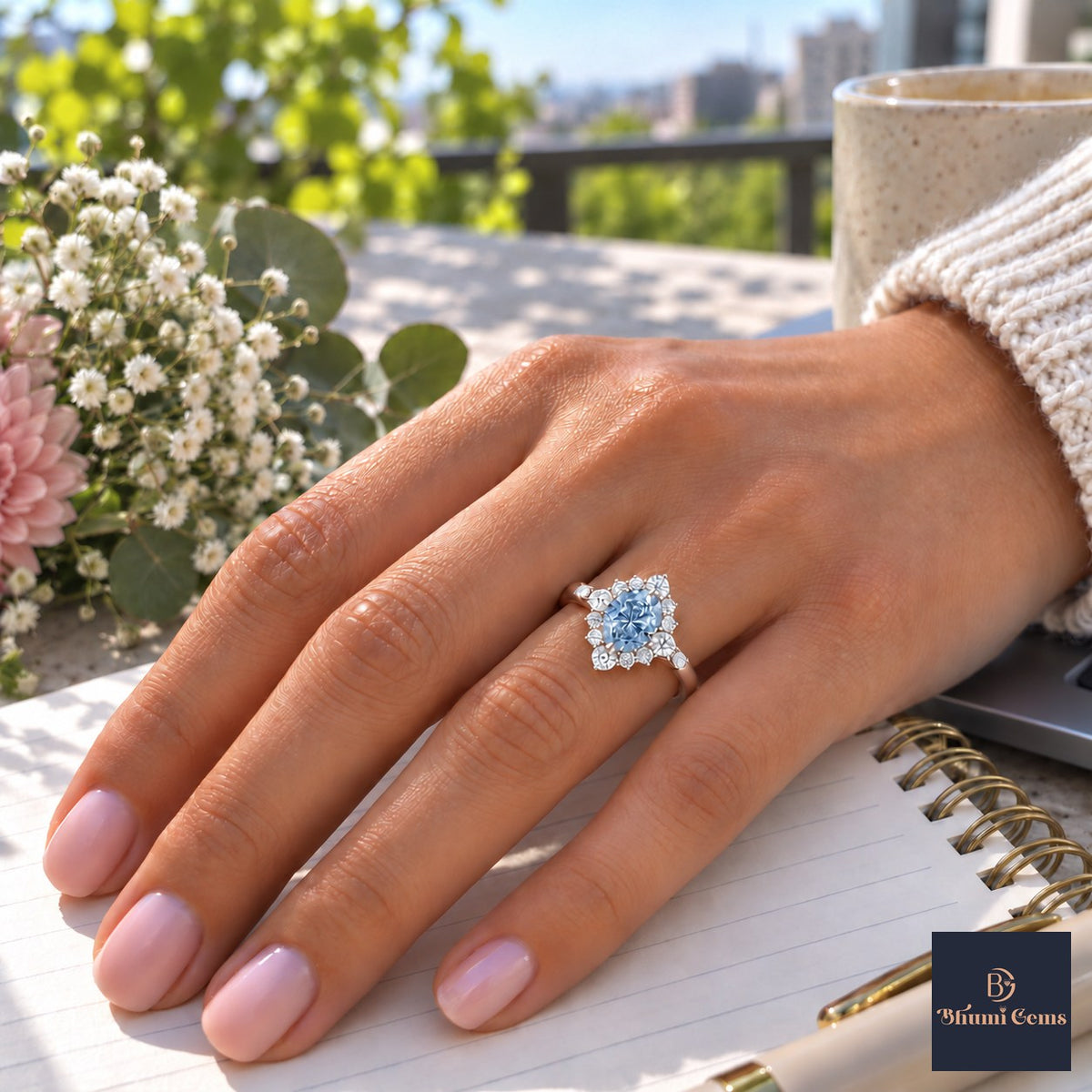 Blue Oval Cut Lab Grown Diamond Engagement Ring - Scalloped Halo in rose gold, worn on the hand