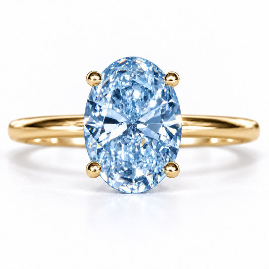 Blue Oval Cut Lab Grown Diamond Engagement Ring - Six Prong Solitaire in yellow gold, front view