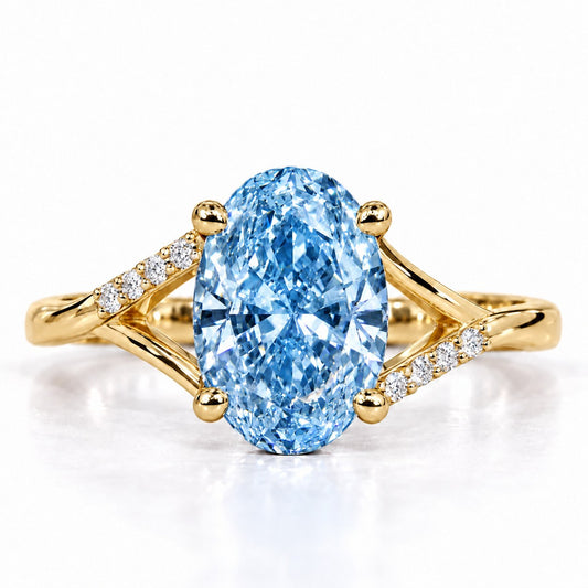 Blue Oval Cut Lab Grown Diamond Engagement Ring - Split Pave Shoulders in yellow gold, front view