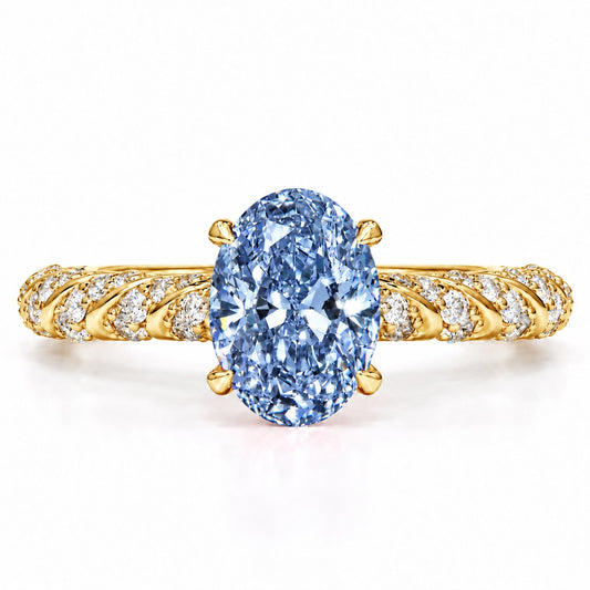 Blue Oval Cut Lab Grown Diamond Engagement Ring - Twisted Rope Band in yellow gold, front view