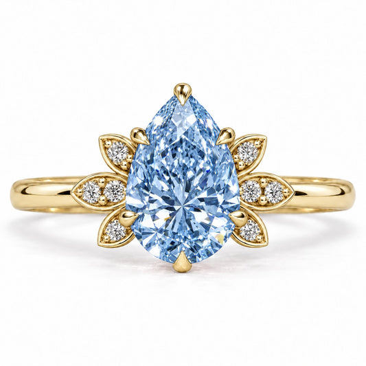 Blue Pear Cut Lab Grown Diamond Engagement Ring - Floral Leaf Accents in yellow gold, front view