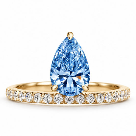Blue Pear Cut Lab Grown Diamond Engagement Ring - Pave Band in yellow gold, front view