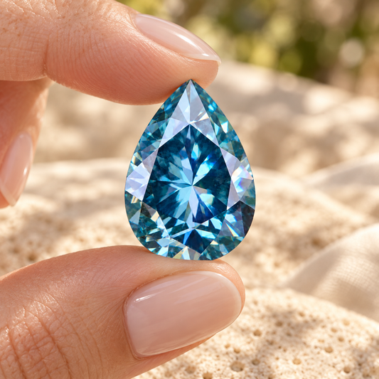 Pear cut blue loose moissanite held between the fingers