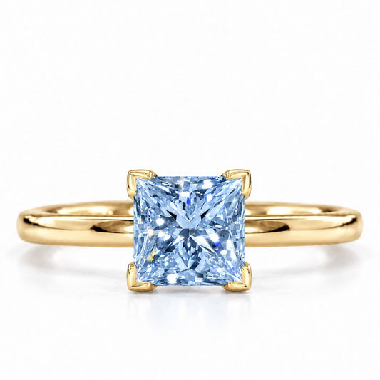 Blue Princess Cut Lab Grown Diamond Engagement Ring - Classic Solitaire in yellow gold, front view