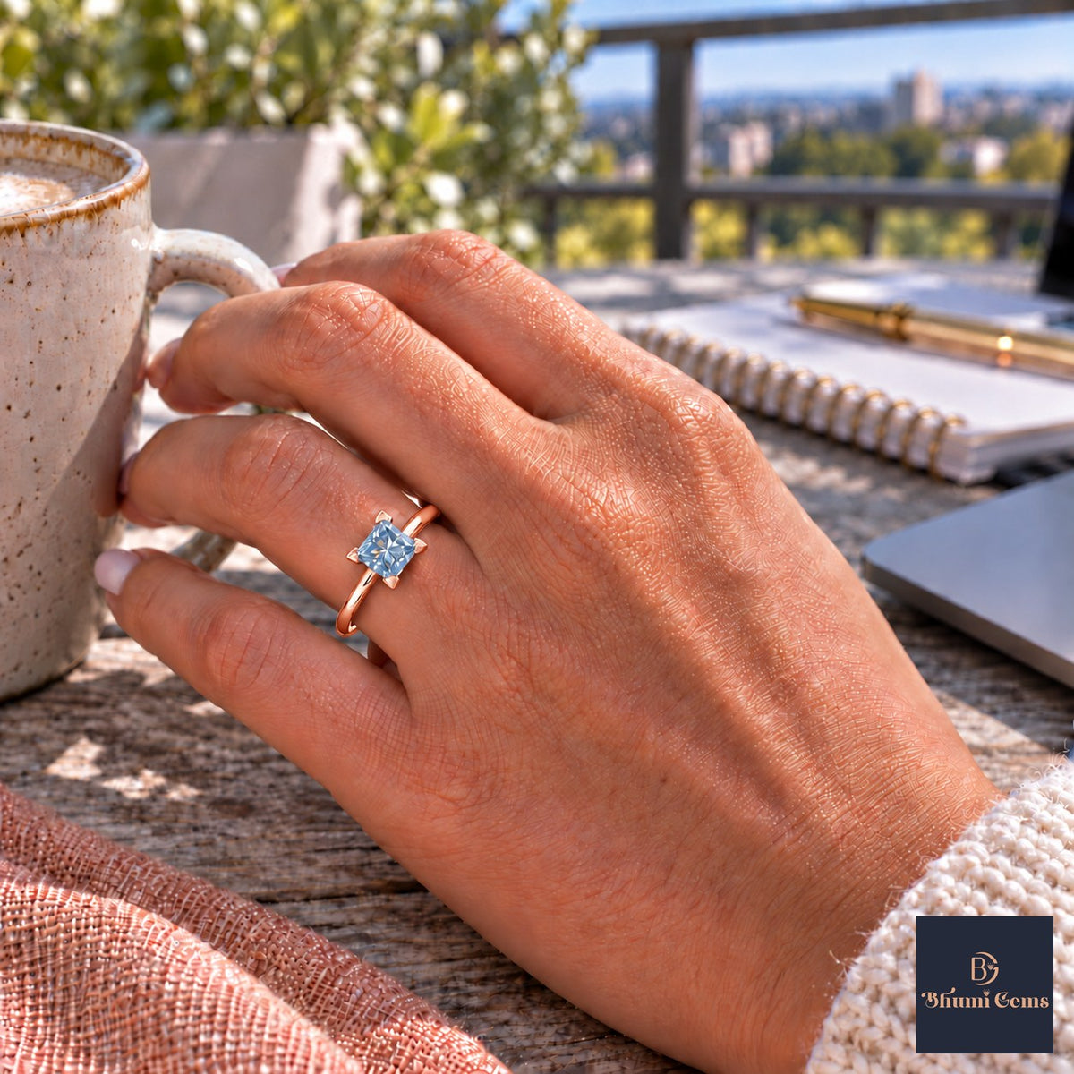 Blue Princess Cut Lab Grown Diamond Engagement Ring - Classic Solitaire in rose gold, on the hand