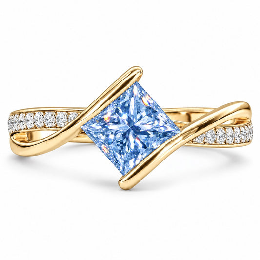 Blue Princess Cut Lab Grown Diamond Engagement Ring - Kite Set Pave Twist in yellow gold, front view