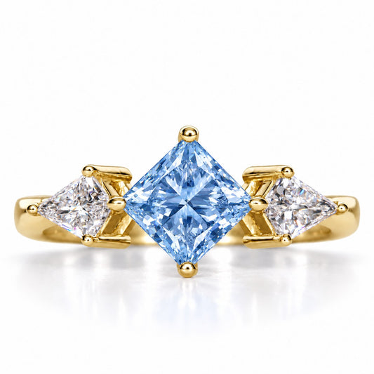 Blue Princess Cut Lab Grown Diamond Engagement Ring - Trillion Three Stone in yellow gold, front view
