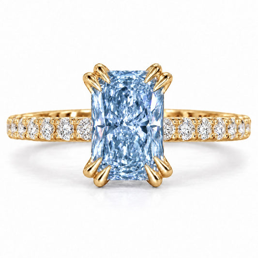 Blue Radiant Cut Lab Grown Diamond Engagement Ring - Cathedral Pave Band in yellow gold, front view