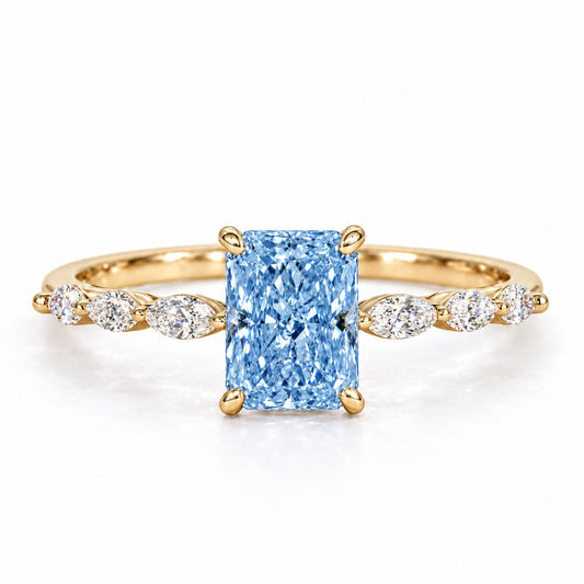 Blue Radiant Cut Lab Grown Diamond Engagement Ring - Navette Band in yellow gold, front view
