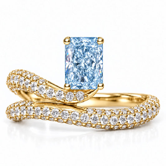 Blue Radiant Cut Lab Grown Diamond Engagement Ring - Pave Wrap Bypass in yellow gold, front view