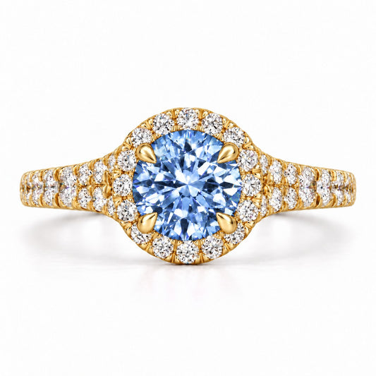 Blue Round Cut Lab Grown Diamond Engagement Ring - Halo Pave in yellow gold, front view