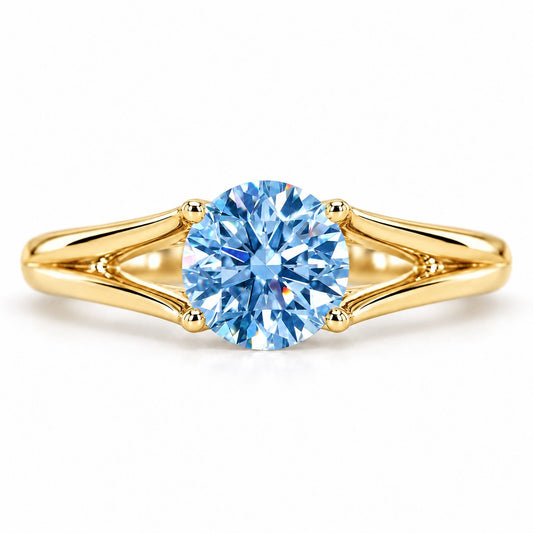 Blue Round Cut Lab Grown Diamond Engagement Ring - Split Shank in yellow gold, front view