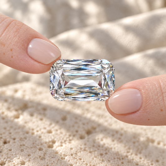 Emerald criss cut loose moissanite held between the fingers