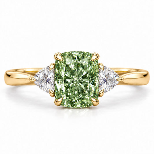 Green Elongated Cushion Cut Lab Grown Diamond Engagement Ring - Trillion Three Stone in yellow gold, front view
