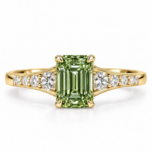 Green Emerald Cut Lab Grown Diamond Engagement Ring - Graduated Pave Shoulders in yellow gold, front view
