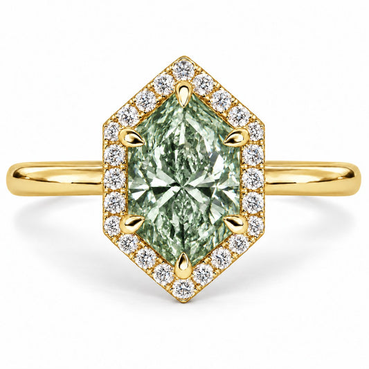 Green Hexagon Cut Lab Grown Diamond Engagement Ring - Halo in yellow gold, front view
